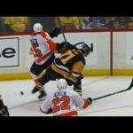 Malkin gets his leg tangled up with Lehtera, takes the worst of it