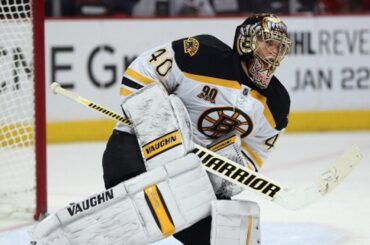 Tuukka Rask shows Jakub Voracek his glove