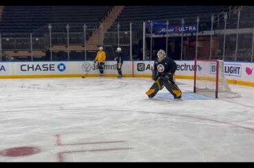 Tristan Jarry taking shots during Penguins' optional skate before Game 5 in New York