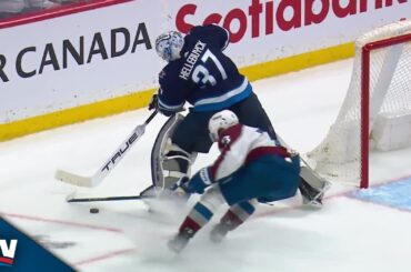 Connor Hellebuyck's Puck-Handling Miscue Leads To Avalanche Goal