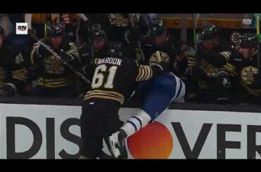 Patrick Maroon puts Timothy Liljegren into the Bruins bench!  in Gm 1 Leafs vs Bruins 2024 Playoffs