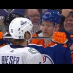 Corey Perry Trolls Brock Boeser During Scrum