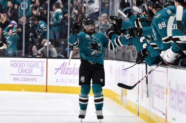 Erik Karlsson rifles home his first goal with the Sharks