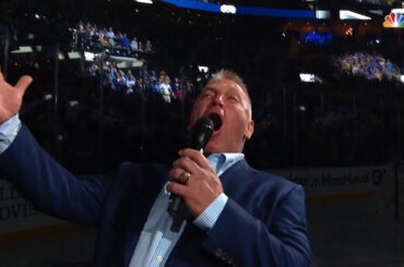 Brett Hull gets the St. Louis crowd fired up with “Let’s Go Blues” chant before Game 4