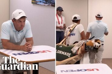 Roy McIlroy reacts after watching Bryson DeChambeau win the US Open