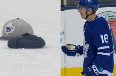 Mitch Marner scores trying to set up hatty for Tavares, triggering hats to fly inadvertently