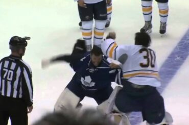 Jonathan Bernier vs Ryan Miller goalie fight Buffalo Sabres vs Toronto Maple Leafs 9/22/13 NHL