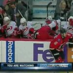 Mark Giordano hits Joni Pitkänen into the bench and Eric Staal is slashed by his skate