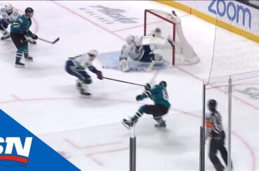 Canucks' Jacob Markstrom Stacks The Pads To Make Save On Sharks