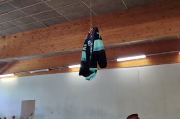 Joonas Donskoi's Seattle Kraken jersey to the skate park ceiling at Raahe, Finland 22.7.2022