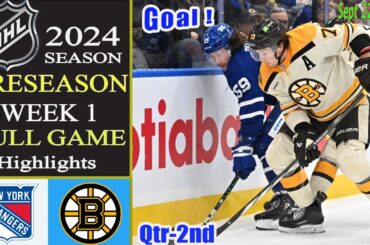 Rangers vs Bruins FULL GAME 2nd | Sept 22,2024 | NHL Today | 2024 NHL Preseason | Hockey