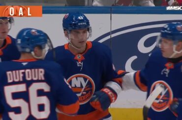 Liam Foudy scores a goal against the New Jersey Devils