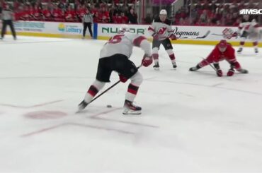 Nico Hischier scores a powerplay goal against the Carolina Hurricanes