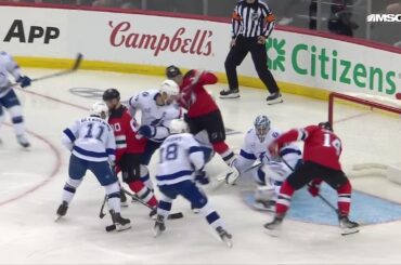 Nathan Bastian scores a goal against the Tampa Bay Lightning